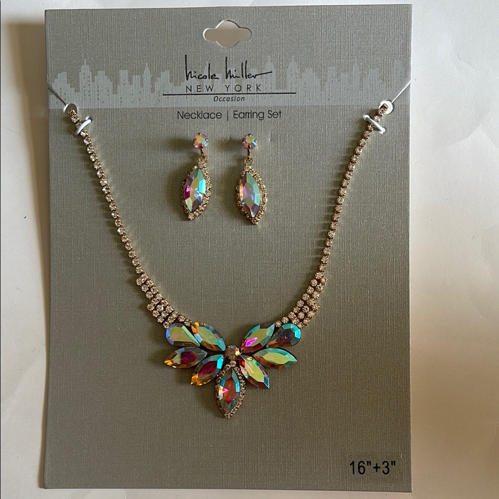 Nicole Miller Gold Iridescent Crystal Statement Necklace & Earrings Set